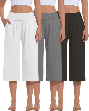 3 Pack Womens Wide Leg Yoga,Casual Wide Leg Yoga Pants Loose Soft Pajamas with Pockets Sweatpants