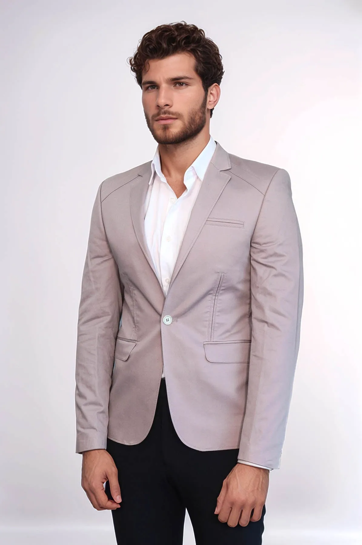 3 pocket Single Button Cotton Beige Jacket-Wessi