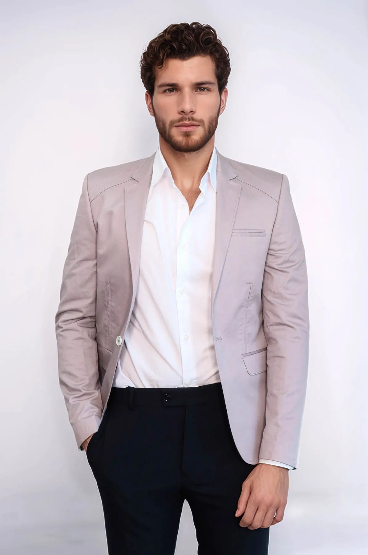 3 pocket Single Button Cotton Beige Jacket-Wessi