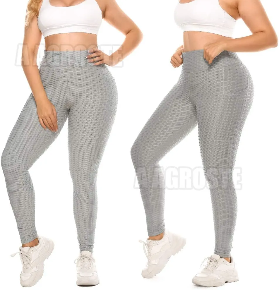 A AGROSTE Women's High Waist Yoga Pants Tummy Control Workout Ruched Butt Lifting Stretchy Leggings Textured Booty Tights