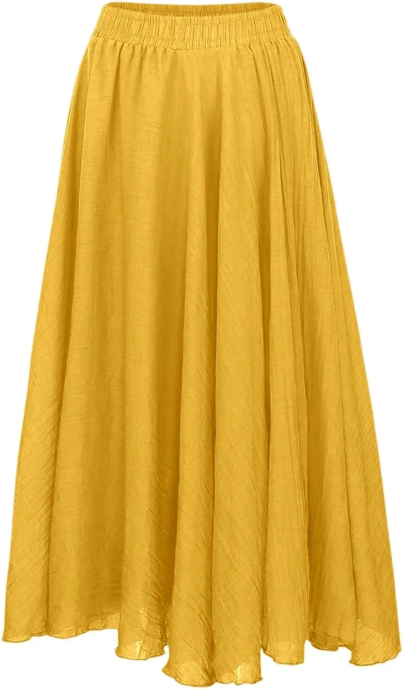 A Line Skirt for Women Trendy Flared High Elastic Waist Solid Loose Pleated Long Skirts for Summer Vacation Streetwear