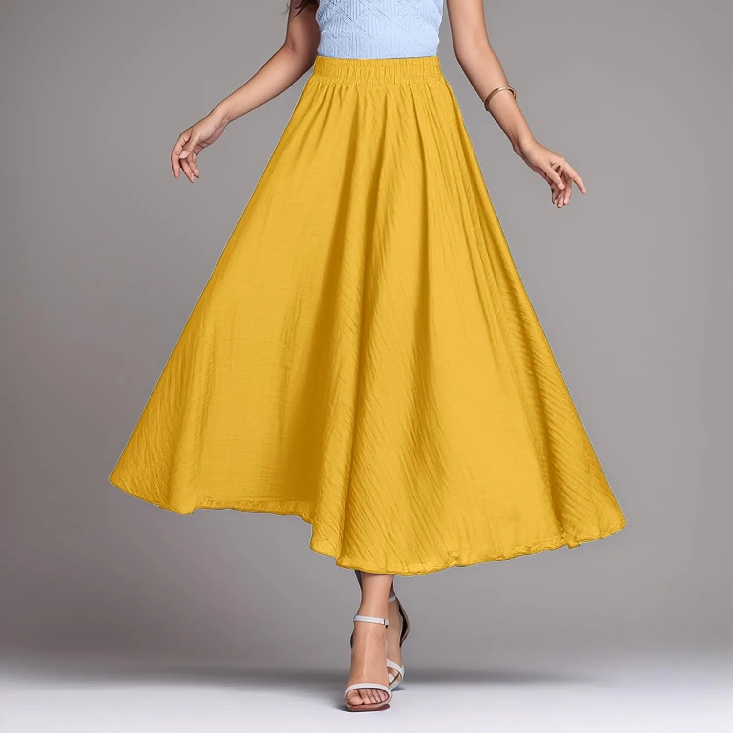 A Line Skirt for Women Trendy Flared High Elastic Waist Solid Loose Pleated Long Skirts for Summer Vacation Streetwear