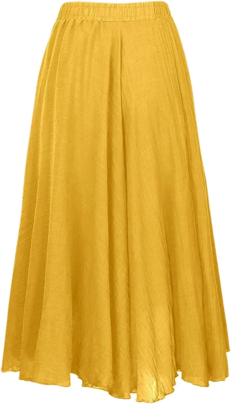 A Line Skirt for Women Trendy Flared High Elastic Waist Solid Loose Pleated Long Skirts for Summer Vacation Streetwear