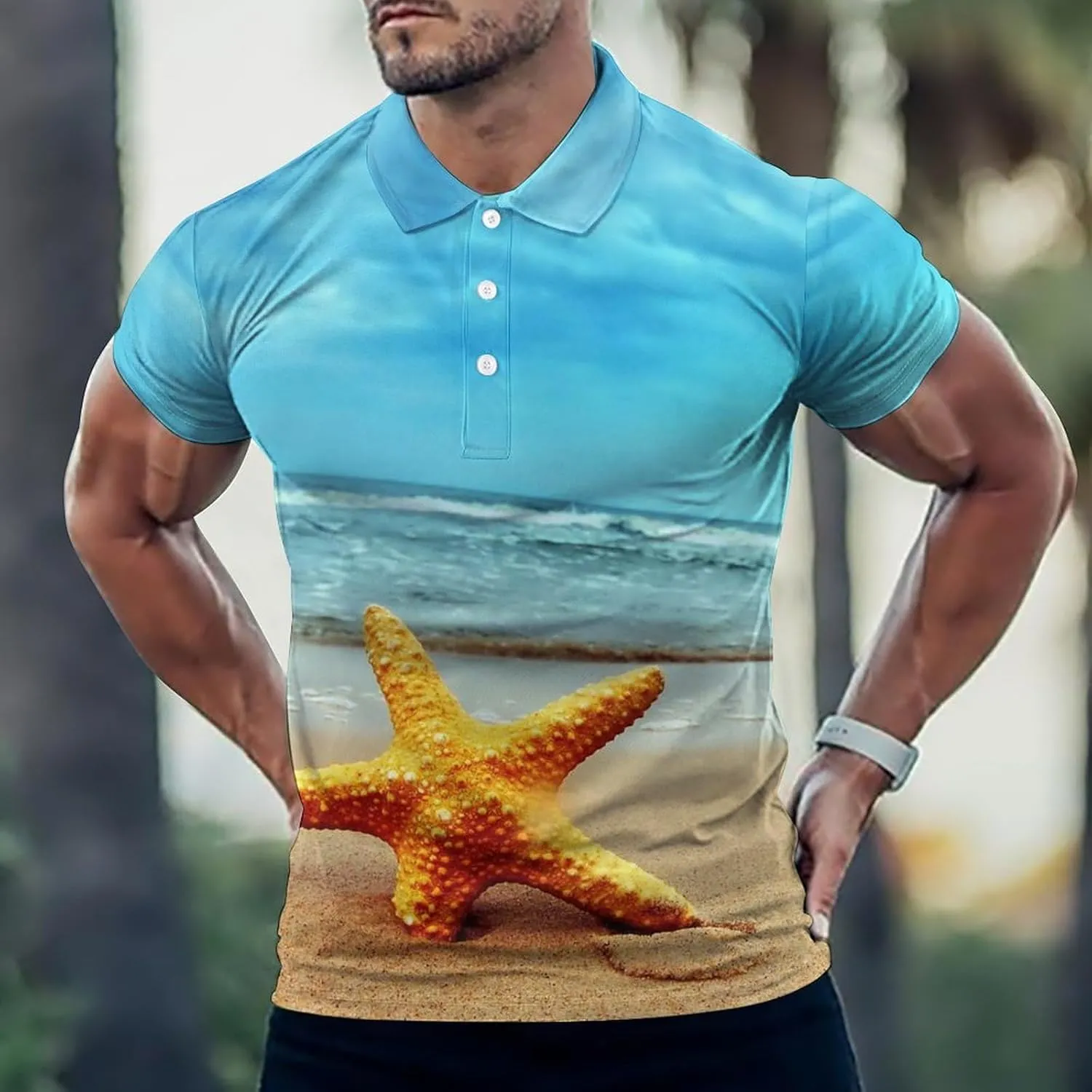 Beach Starfish Mens Polo Shirts Quick Dry Short Sleeve T-shirts Slim Tennis Collared Tees Tops