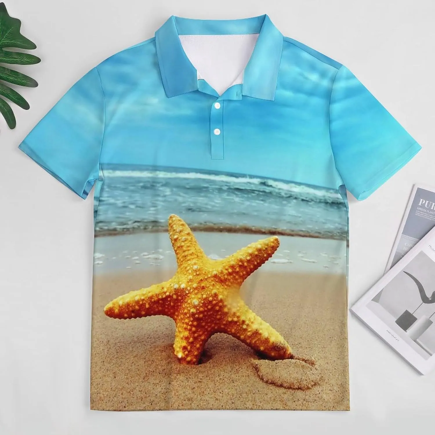 Beach Starfish Mens Polo Shirts Quick Dry Short Sleeve T-shirts Slim Tennis Collared Tees Tops