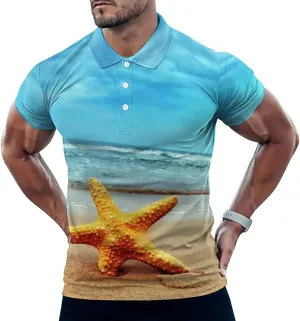 Beach Starfish Mens Polo Shirts Quick Dry Short Sleeve T-shirts Slim Tennis Collared Tees Tops