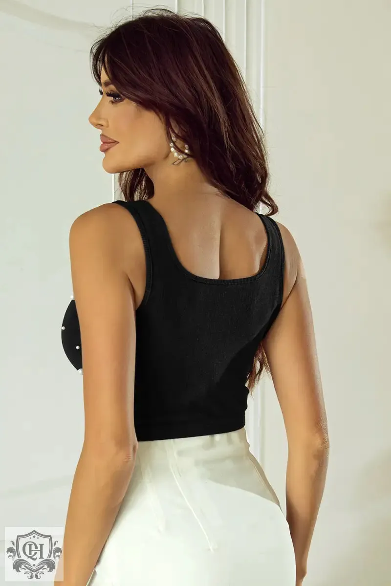 Black Pearl Decor Square Neck Sleeveless Crop Top