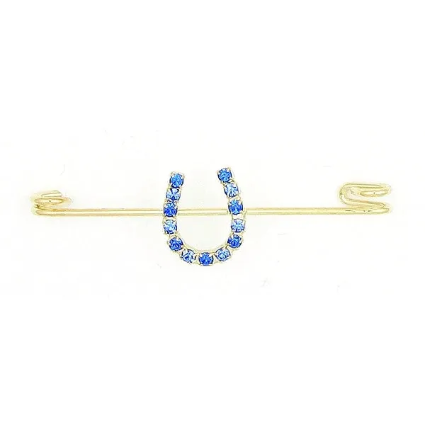 Blue Two Tone Rhinestone Horseshoe Gold Stock Pin