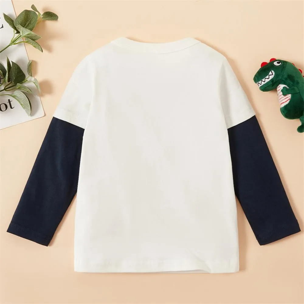 Boys Long Sleeve Color Block Dino Letter Printed Tees