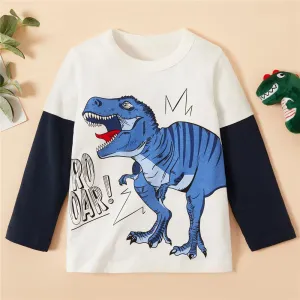 Boys Long Sleeve Color Block Dino Letter Printed Tees