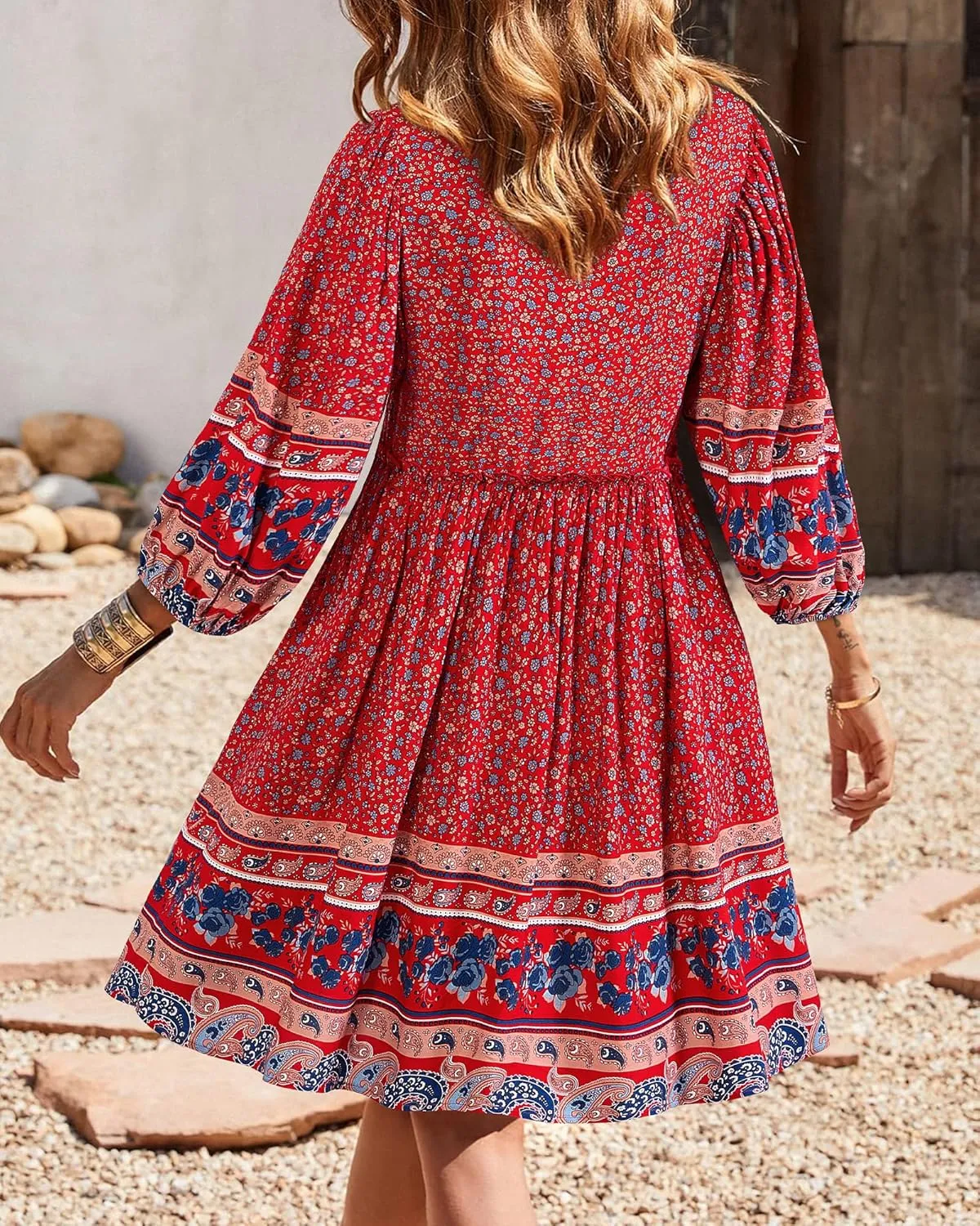 BTFBM Women Casual Spring Summer Dresses V Neck 3/4 Long Sleeve Ruffle Floral Flowy Boho Babydoll Mini Short Beach Dress