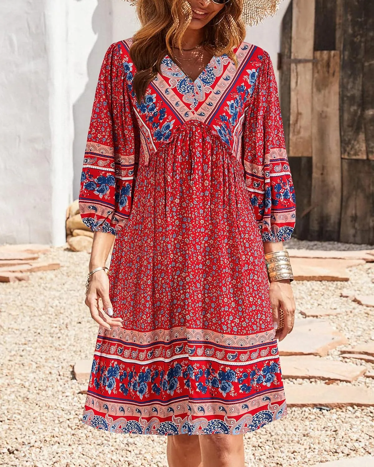 BTFBM Women Casual Spring Summer Dresses V Neck 3/4 Long Sleeve Ruffle Floral Flowy Boho Babydoll Mini Short Beach Dress