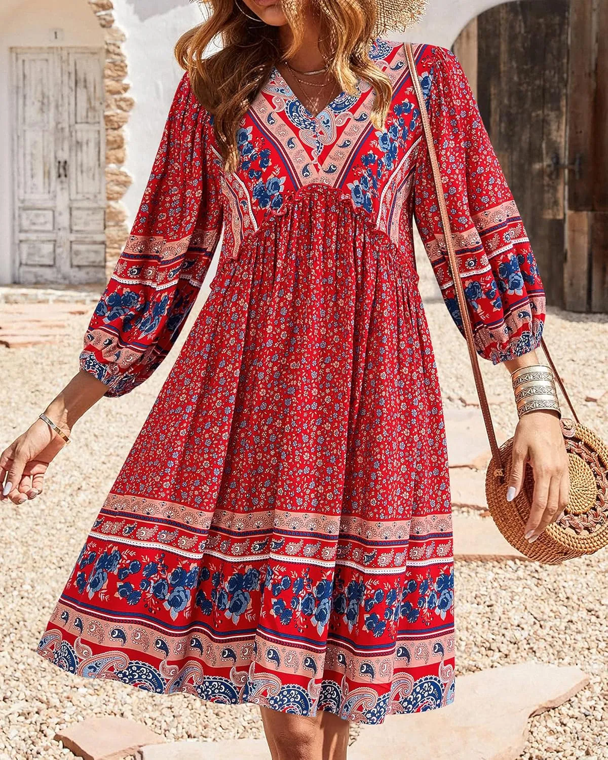BTFBM Women Casual Spring Summer Dresses V Neck 3/4 Long Sleeve Ruffle Floral Flowy Boho Babydoll Mini Short Beach Dress