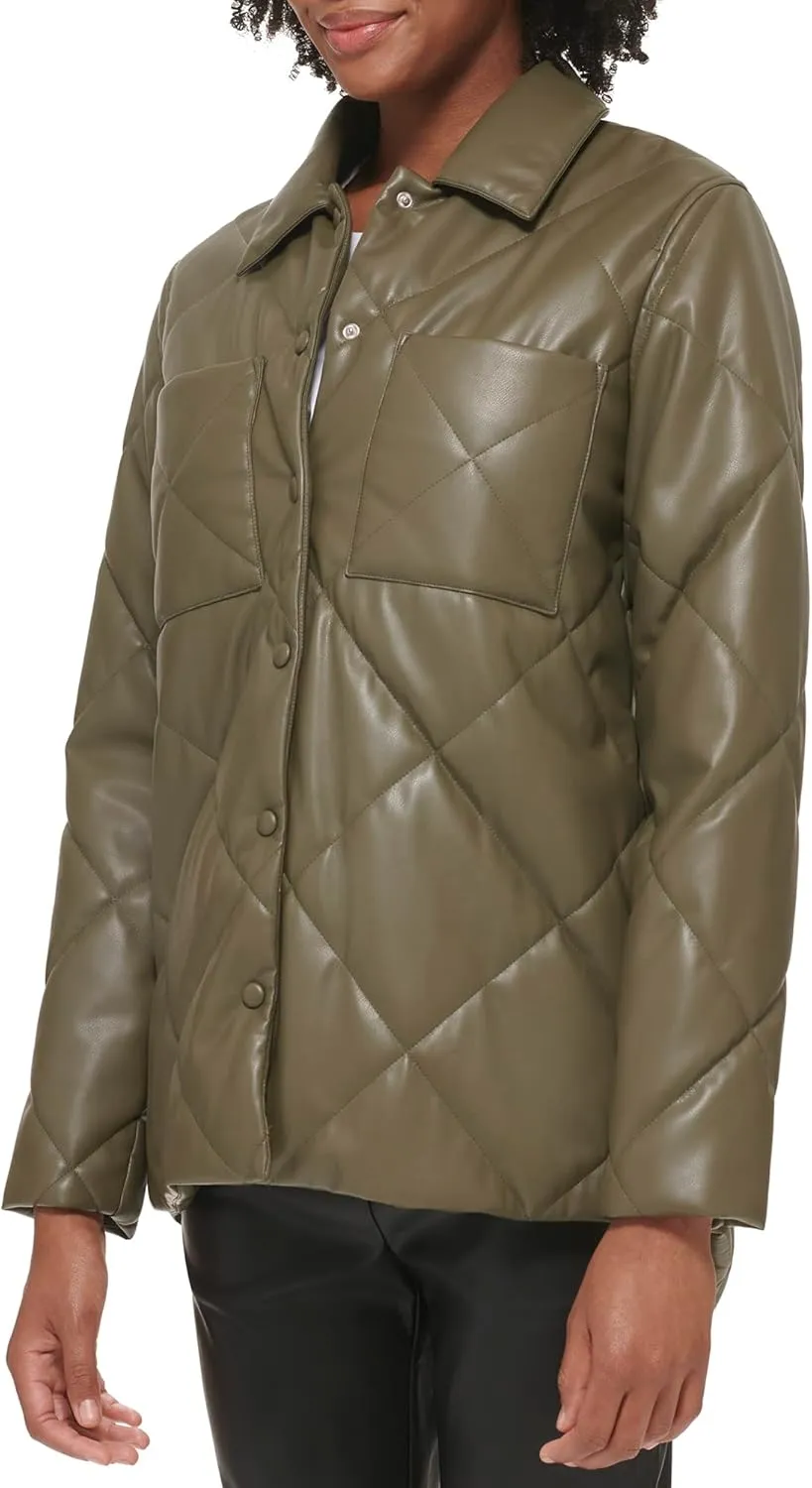 Calvin Klein Women's Faux Leather Button Front Quilted Jacket