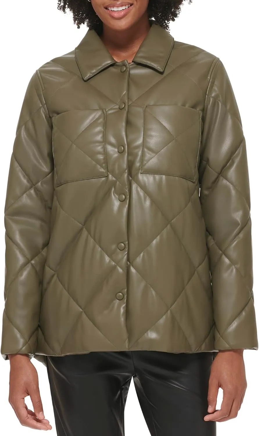 Calvin Klein Women's Faux Leather Button Front Quilted Jacket