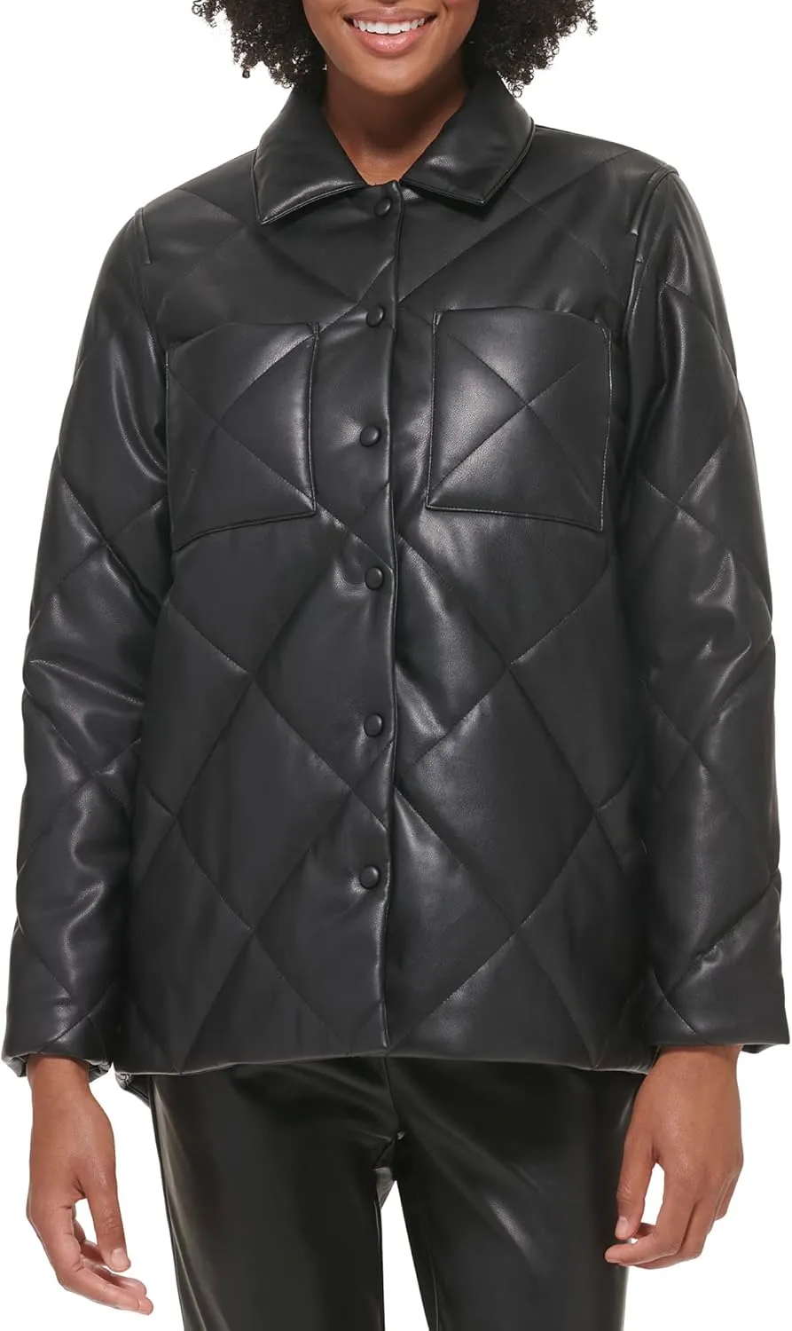 Calvin Klein Women's Faux Leather Button Front Quilted Jacket