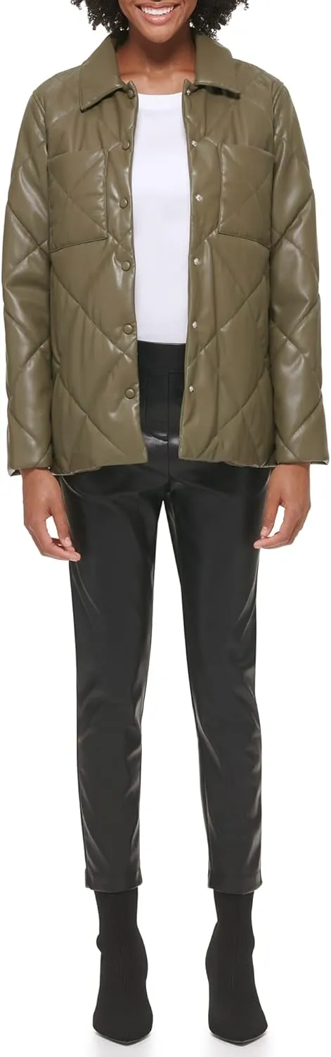 Calvin Klein Women's Faux Leather Button Front Quilted Jacket