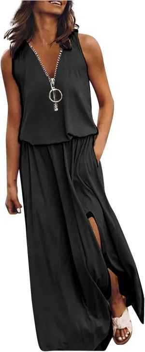 Casual Summer Dresses for Women 2025 Crewneck Sleeveless Sexy Fork Opening Maxi Dress Vacation Beach Boho Sundresses