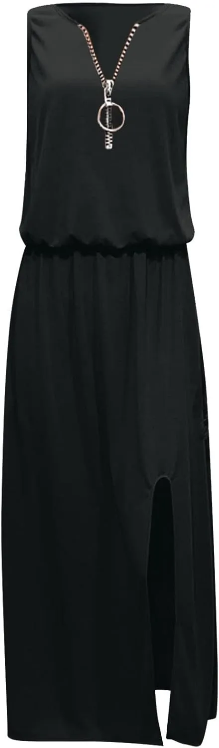 Casual Summer Dresses for Women 2025 Crewneck Sleeveless Sexy Fork Opening Maxi Dress Vacation Beach Boho Sundresses