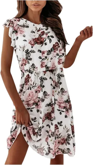 Casual Summer Dresses for Women Elegant Floral Ruffle Short Sleeve Tshirt Dress Boho A Line Pleated Hem Mini Dresses