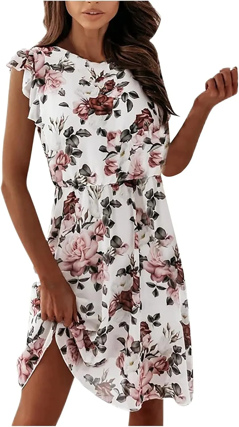 Casual Summer Dresses for Women Elegant Floral Ruffle Short Sleeve Tshirt Dress Boho A Line Pleated Hem Mini Dresses