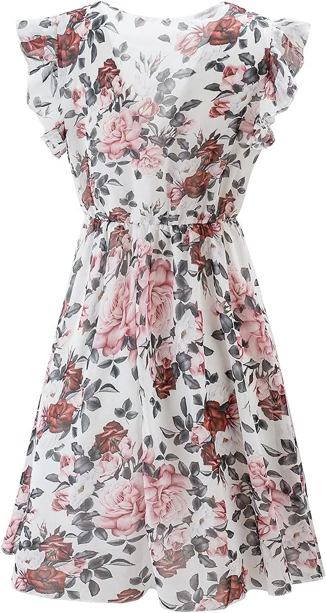 Casual Summer Dresses for Women Elegant Floral Ruffle Short Sleeve Tshirt Dress Boho A Line Pleated Hem Mini Dresses