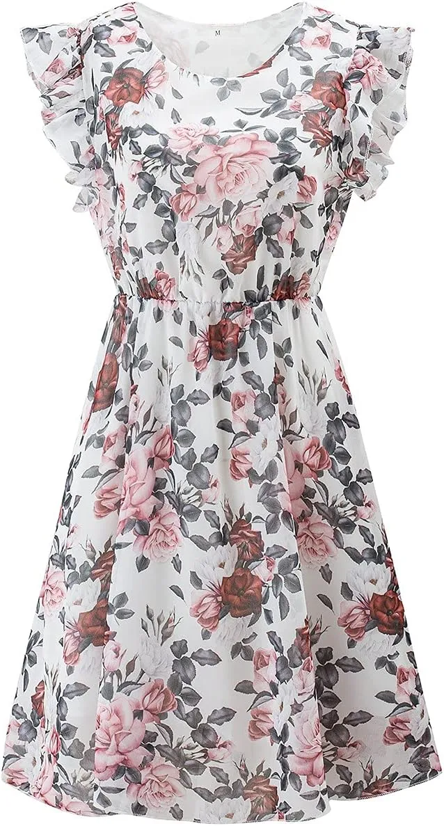 Casual Summer Dresses for Women Elegant Floral Ruffle Short Sleeve Tshirt Dress Boho A Line Pleated Hem Mini Dresses