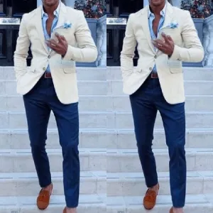 Cheap Custom Made Men Suits for Wedding Groom Tuxedos Classic outfit Man Blazers 2 Pieces Groomsmen Wear (Ivory jacket bluepant)