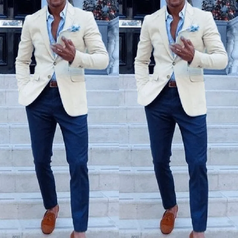 Cheap Custom Made Men Suits for Wedding Groom Tuxedos Classic outfit Man Blazers 2 Pieces Groomsmen Wear (Ivory jacket bluepant)