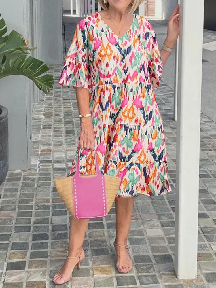Chic Bell Sleeve V-neck Tunic Dress with Elegant Prints