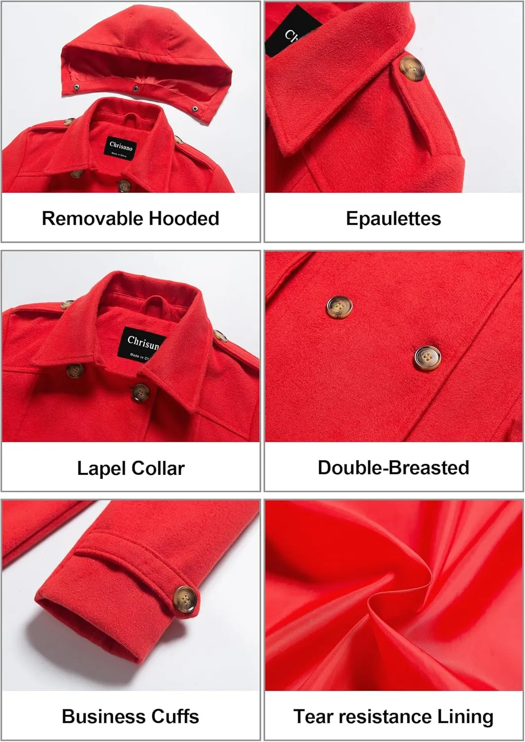Chrisuno Women's Double Breasted Pea Coat Hooded Long Winter Trench Coat