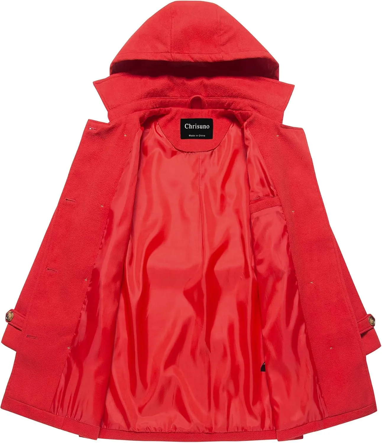 Chrisuno Women's Double Breasted Pea Coat Hooded Long Winter Trench Coat
