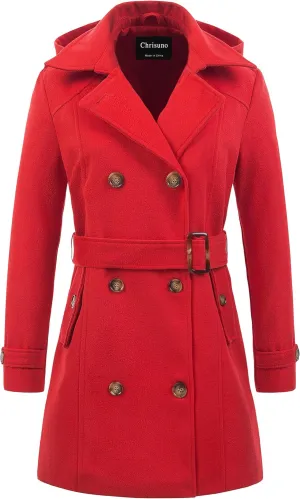 Chrisuno Women's Double Breasted Pea Coat Hooded Long Winter Trench Coat