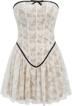 CIDER Summer Tube Mini Dress Sundress Party Dresses for Women Bow Short Dress Lace Contrasting Binding Trendy
