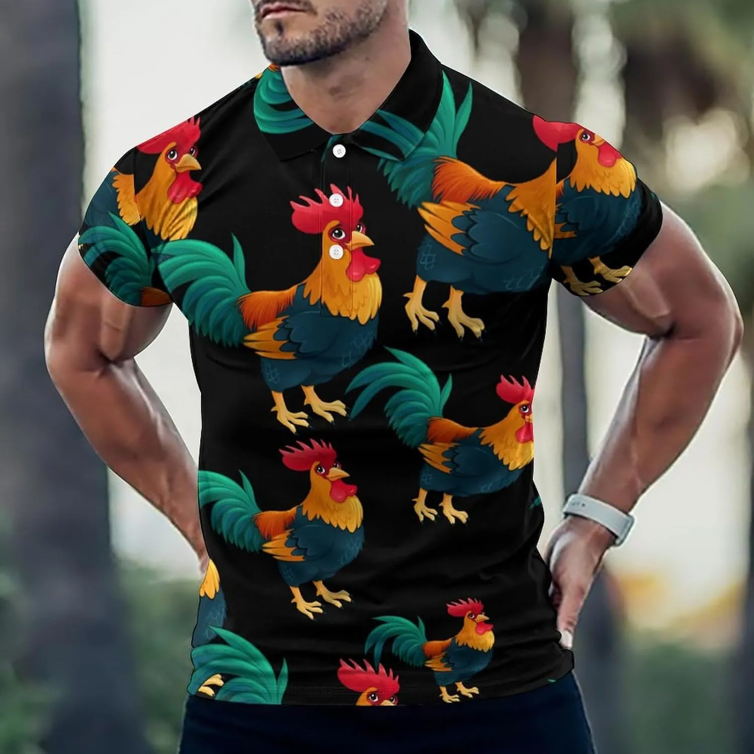 Colorful Rooster Cook Mens Polo Shirts Quick Dry Short Sleeve T-shirts Slim Tennis Collared Tees Tops