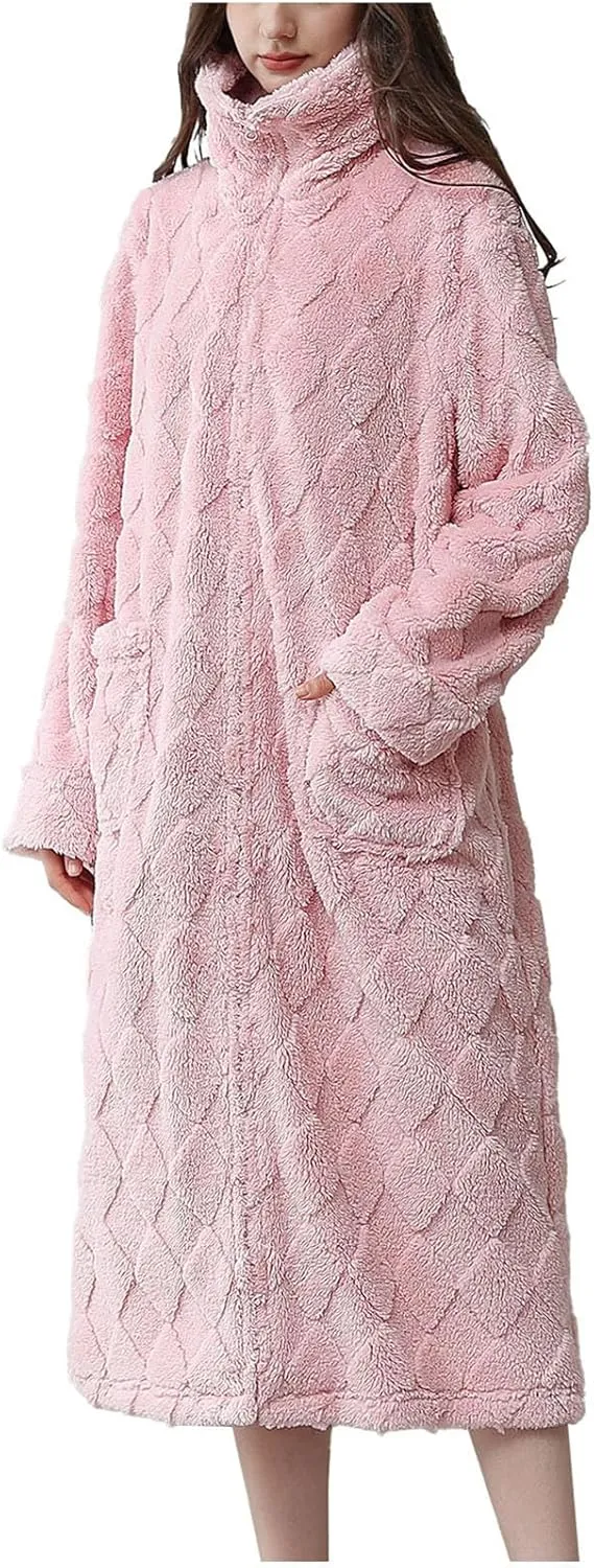 Ctreela Womens Winter Fuzzy Turtleneck Nightgown Zip Up Nightwear Fleece Cozy Plush Warm Loungewear Sleep Dress with Pocket