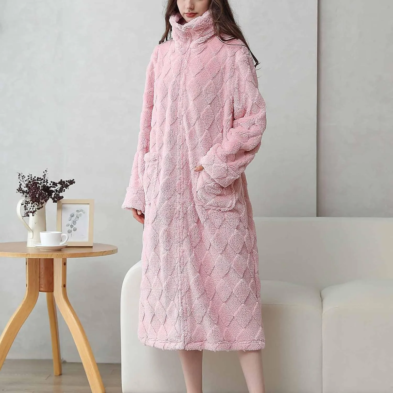 Ctreela Womens Winter Fuzzy Turtleneck Nightgown Zip Up Nightwear Fleece Cozy Plush Warm Loungewear Sleep Dress with Pocket