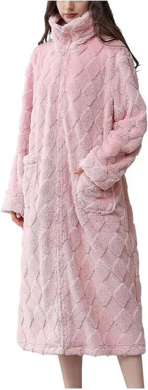 Ctreela Womens Winter Fuzzy Turtleneck Nightgown Zip Up Nightwear Fleece Cozy Plush Warm Loungewear Sleep Dress with Pocket