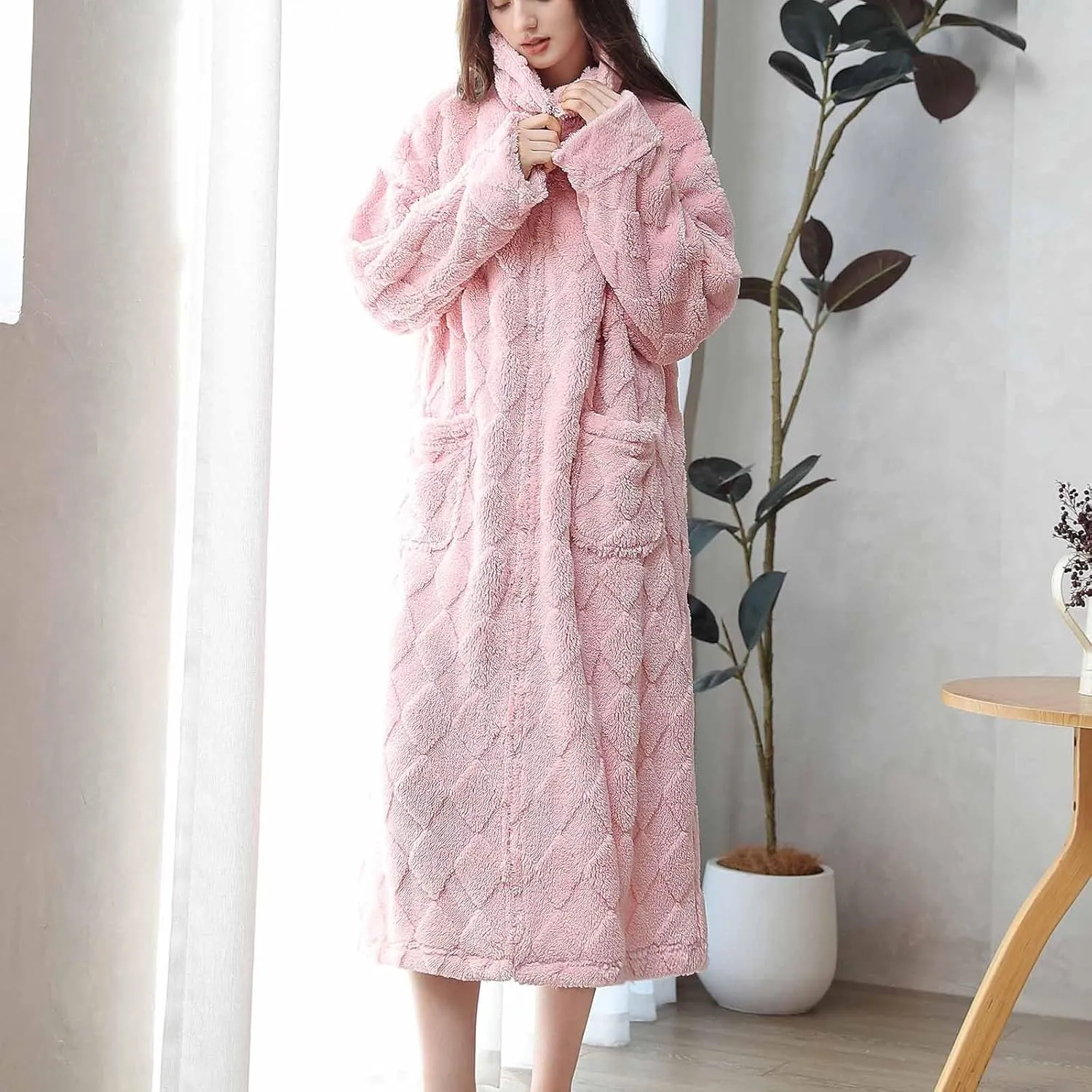 Ctreela Womens Winter Fuzzy Turtleneck Nightgown Zip Up Nightwear Fleece Cozy Plush Warm Loungewear Sleep Dress with Pocket