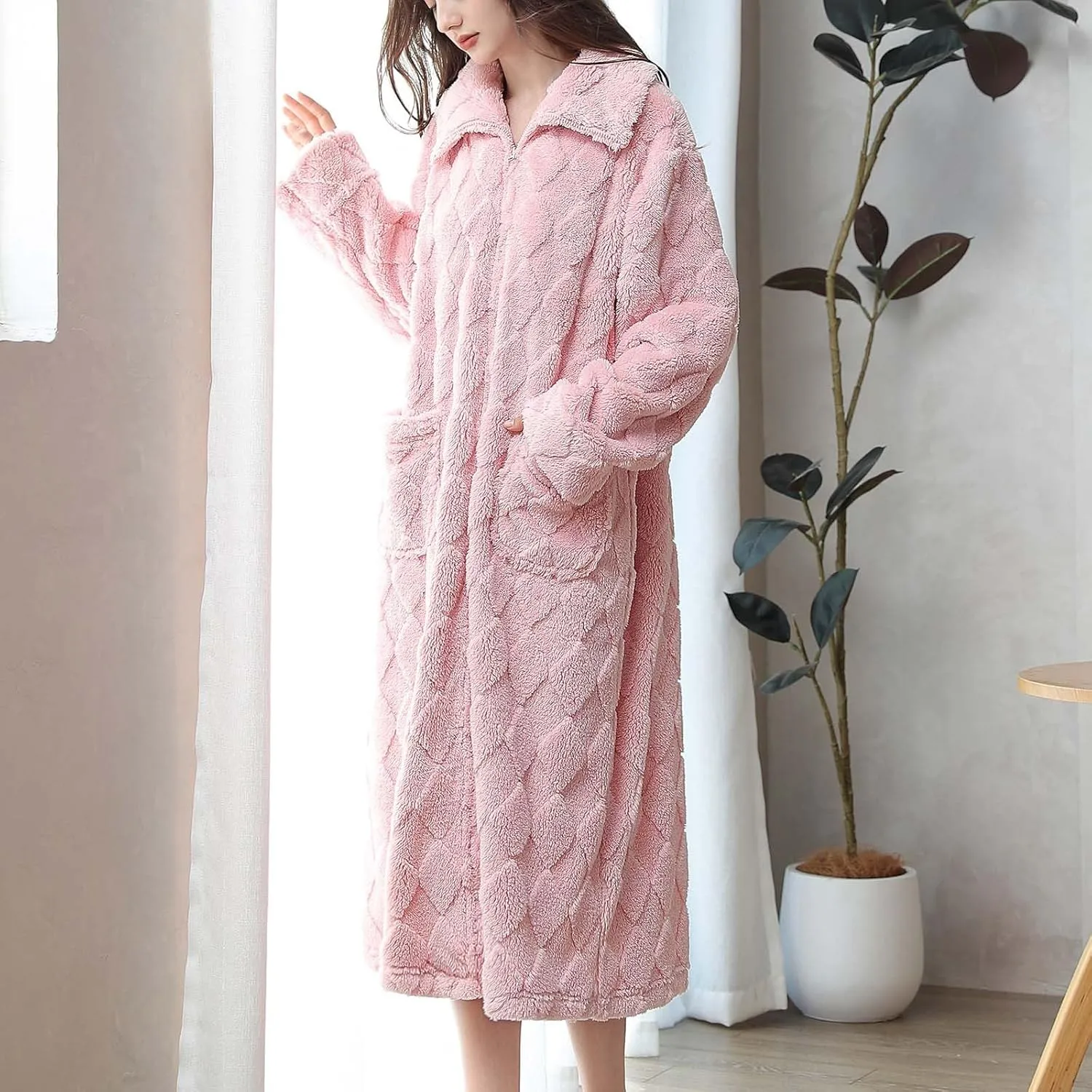 Ctreela Womens Winter Fuzzy Turtleneck Nightgown Zip Up Nightwear Fleece Cozy Plush Warm Loungewear Sleep Dress with Pocket