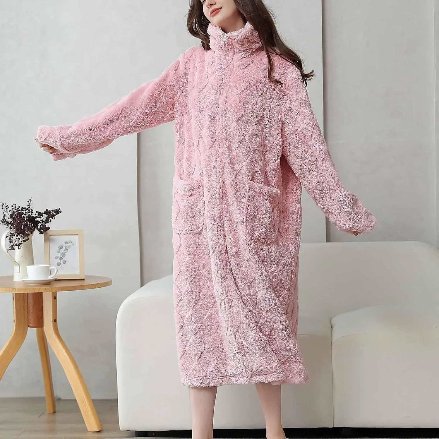 Ctreela Womens Winter Fuzzy Turtleneck Nightgown Zip Up Nightwear Fleece Cozy Plush Warm Loungewear Sleep Dress with Pocket