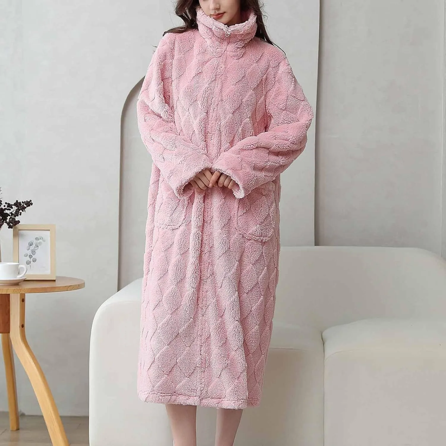 Ctreela Womens Winter Fuzzy Turtleneck Nightgown Zip Up Nightwear Fleece Cozy Plush Warm Loungewear Sleep Dress with Pocket
