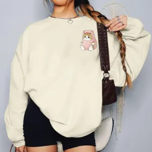Cute Kawaii Cat Graphic Sweatshirts For Teen Girls Funny Preppy Crewneck Pullover For Women Printed Long Sleeve Tops