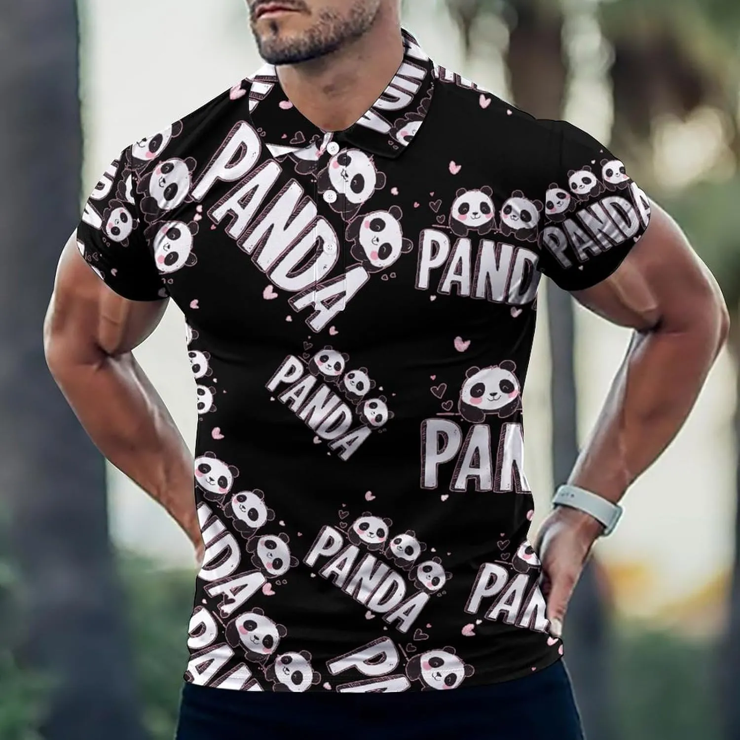 Cute Panda Mens Polo Shirts Quick Dry Short Sleeve T-shirts Slim Tennis Collared Tees Tops