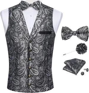 DiBanGu 5pcs Suit Vest for Men Paisley Waistcoat with Bow Tie Lapel Pin Pocket Square Cufflinks Silk Formal Prom Vest Set