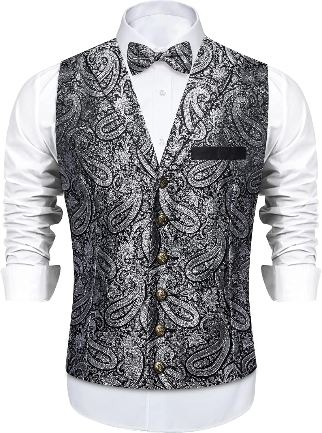 DiBanGu 5pcs Suit Vest for Men Paisley Waistcoat with Bow Tie Lapel Pin Pocket Square Cufflinks Silk Formal Prom Vest Set