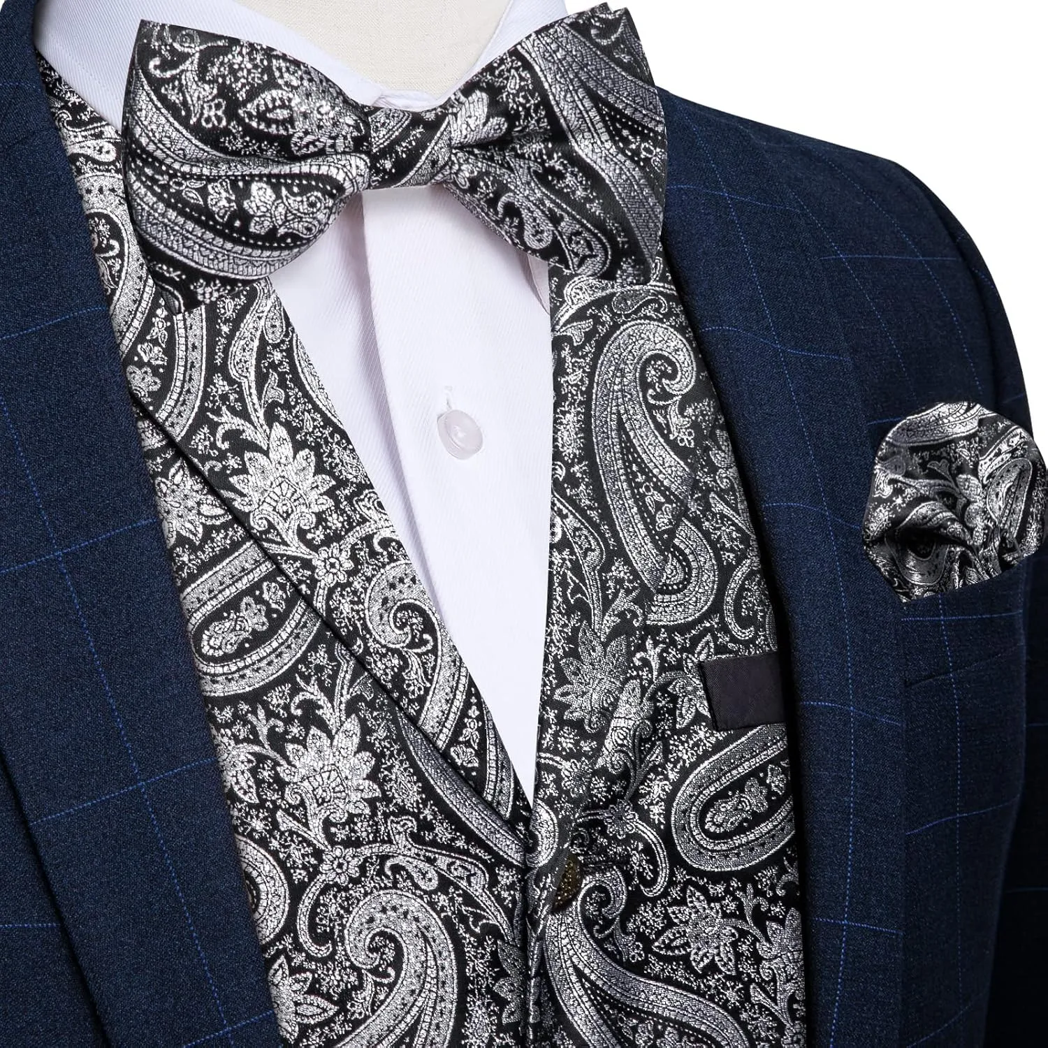 DiBanGu 5pcs Suit Vest for Men Paisley Waistcoat with Bow Tie Lapel Pin Pocket Square Cufflinks Silk Formal Prom Vest Set