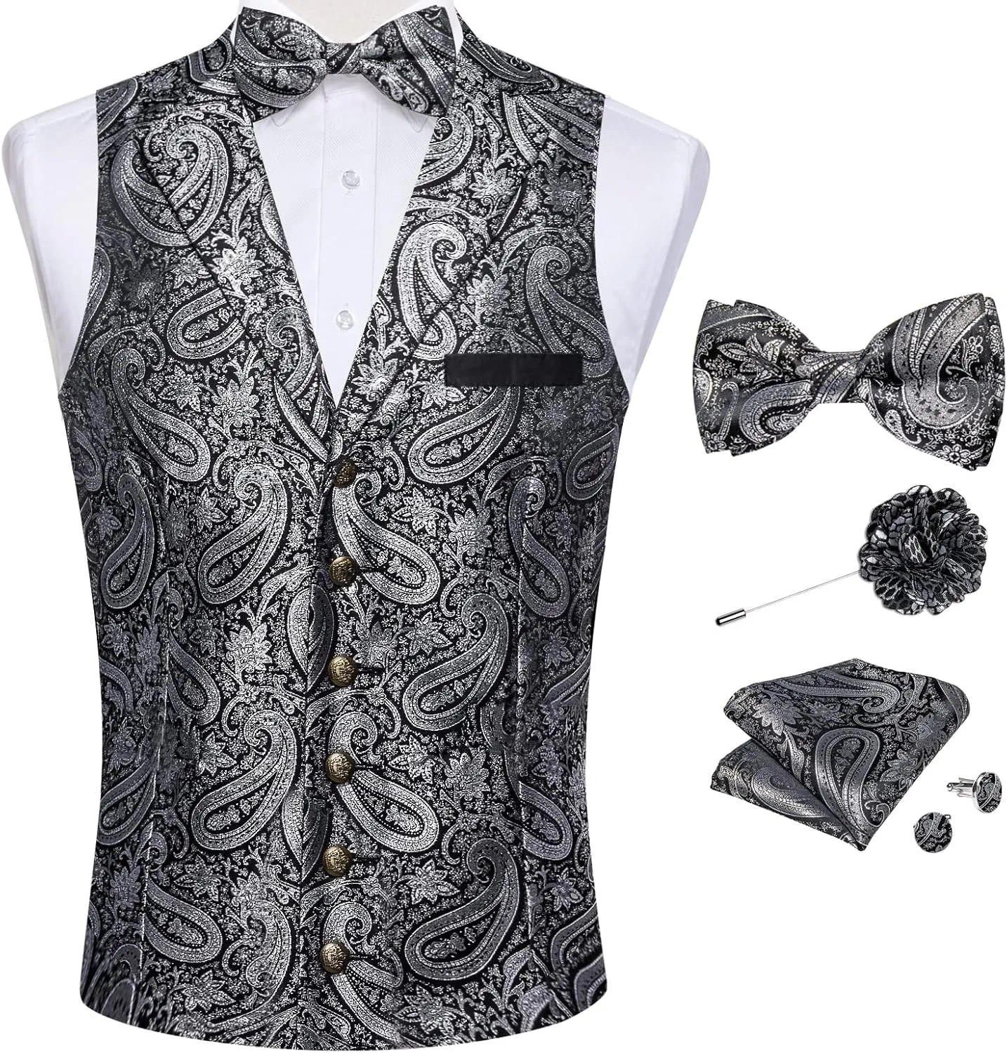 DiBanGu 5pcs Suit Vest for Men Paisley Waistcoat with Bow Tie Lapel Pin Pocket Square Cufflinks Silk Formal Prom Vest Set