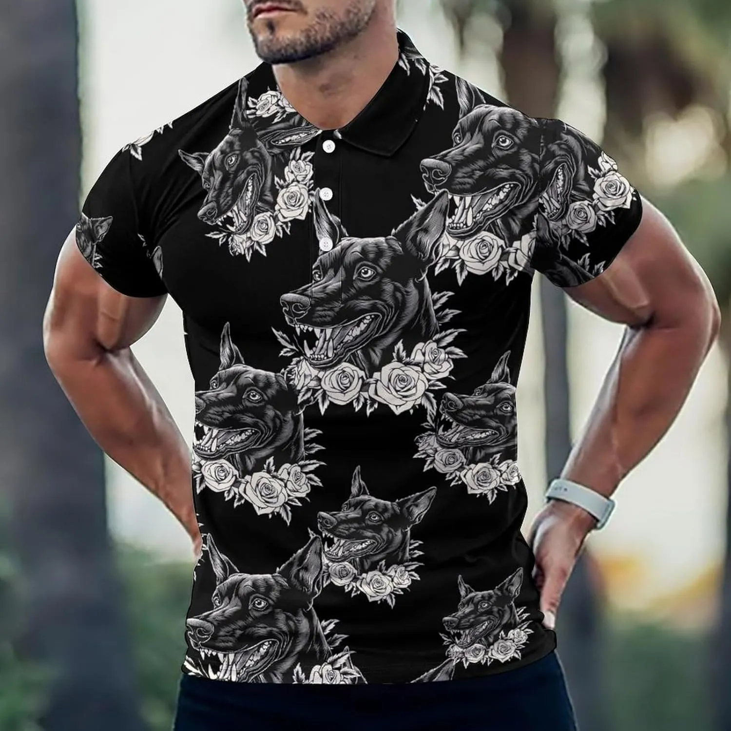 Doberman Dog And Roses Mens Polo Shirts Quick Dry Short Sleeve T-shirts Slim Tennis Collared Tees Tops