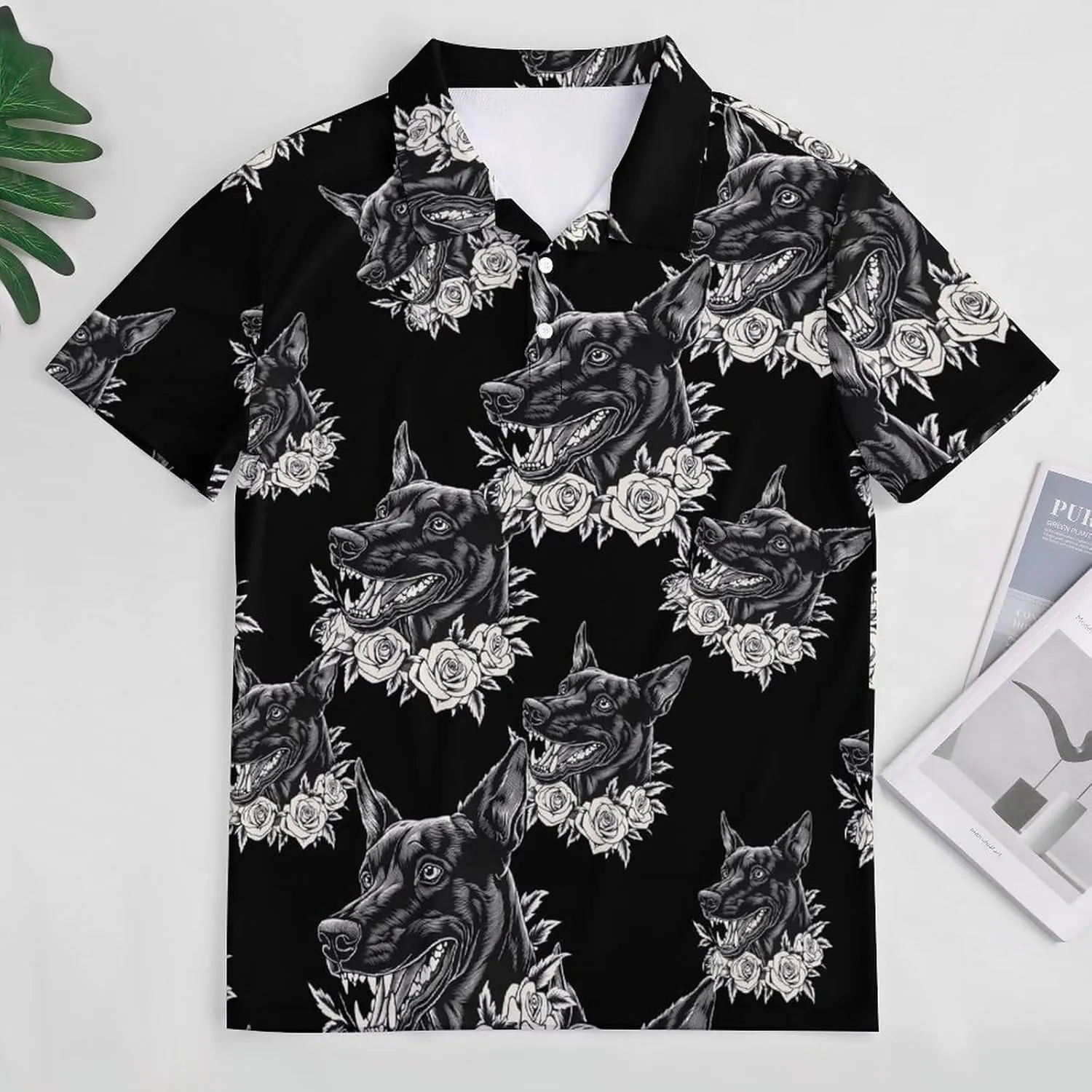 Doberman Dog And Roses Mens Polo Shirts Quick Dry Short Sleeve T-shirts Slim Tennis Collared Tees Tops